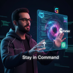 A male developer with a focused expression interacts with a futuristic, holographic interface displaying lines of code. An ethereal AI, represented as a swirling nebula of data, is assisting with the code, while logos of AI tools like Gemini, Github Copilot, and ChatGPT glow within the interface. The overall theme is a high-tech collaboration between a human and artificial intelligence.