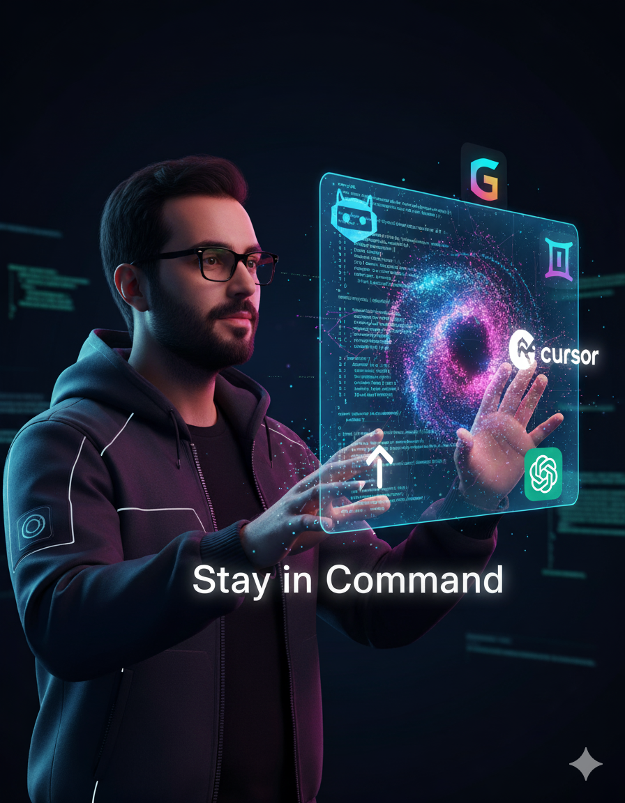 A male developer with a focused expression interacts with a futuristic, holographic interface displaying lines of code. An ethereal AI, represented as a swirling nebula of data, is assisting with the code, while logos of AI tools like Gemini, Github Copilot, and ChatGPT glow within the interface. The overall theme is a high-tech collaboration between a human and artificial intelligence.